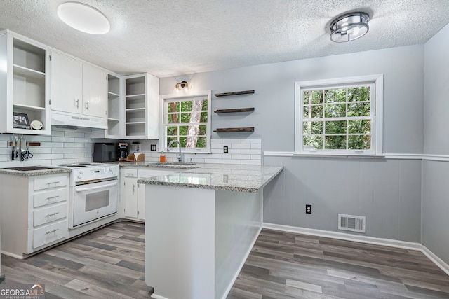 kitchen featuring white cabinetry, kitchen peninsula, custom exhaust hood, and white range