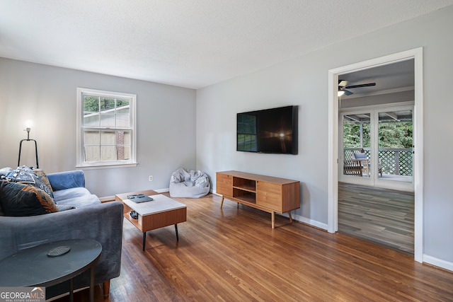 living room featuring hardwood / wood-style flooring, a textured ceiling, and ceiling fan