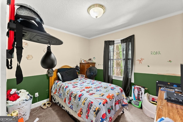 carpeted bedroom featuring a textured ceiling, crown molding, and baseboards