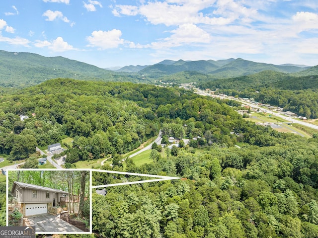 bird's eye view with a mountain view and a forest view