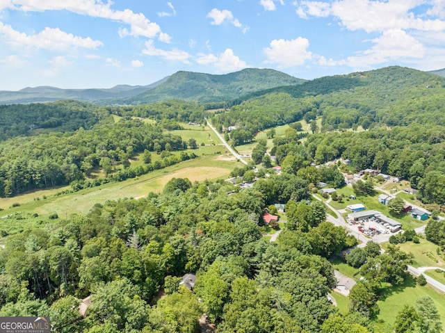 aerial view featuring a forest view and a mountain view