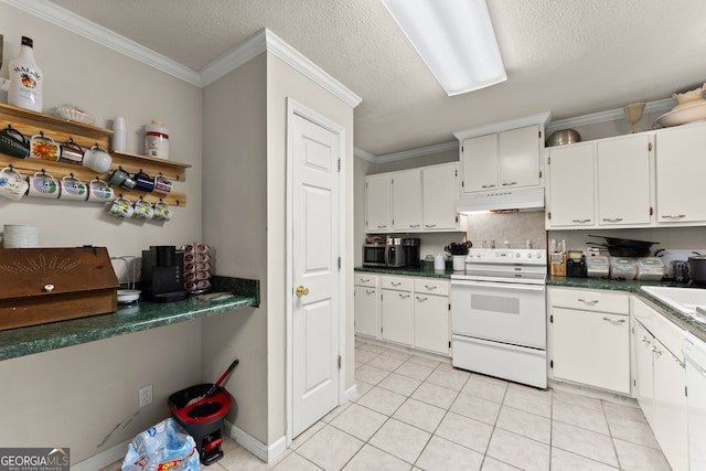 kitchen with white cabinets, ornamental molding, white appliances, and light tile patterned floors