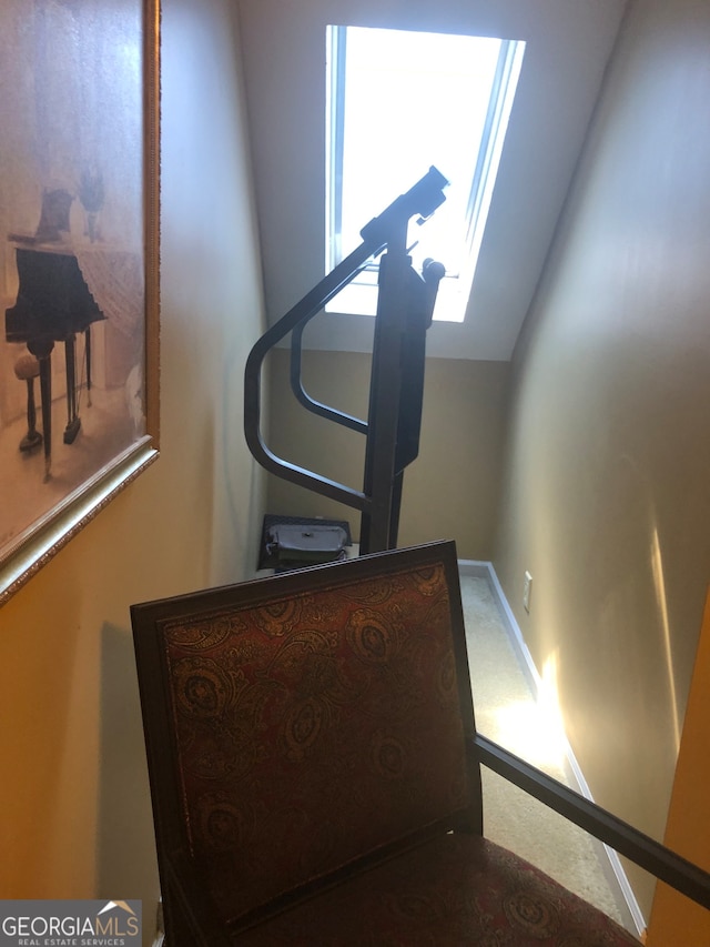 workout area featuring lofted ceiling and carpet