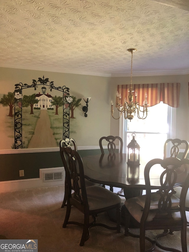 carpeted dining room featuring a textured ceiling and a chandelier