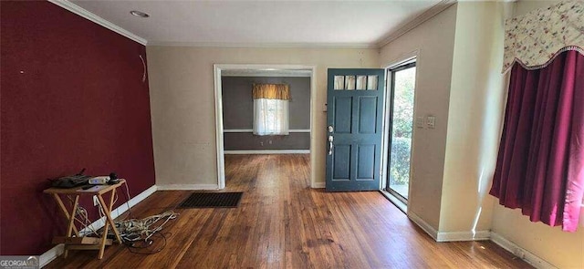 entryway featuring crown molding and wood-type flooring