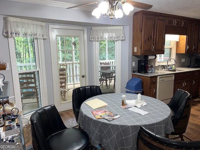 dining area with wood finished floors, a wealth of natural light, and crown molding