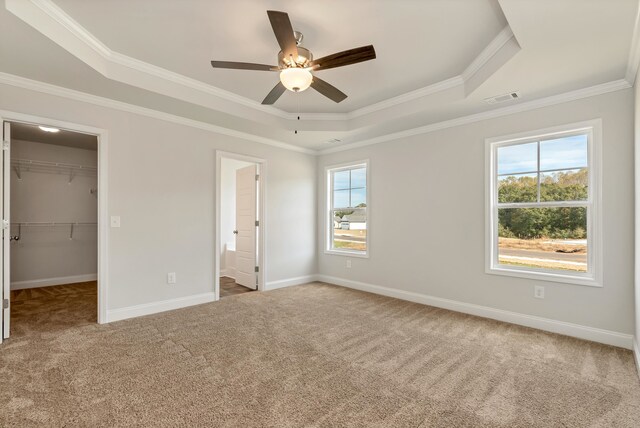 unfurnished bedroom with a raised ceiling, a walk in closet, ceiling fan, ornamental molding, and carpet floors