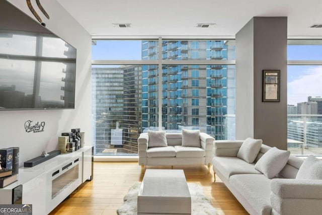 living room with a healthy amount of sunlight, expansive windows, and light hardwood / wood-style floors