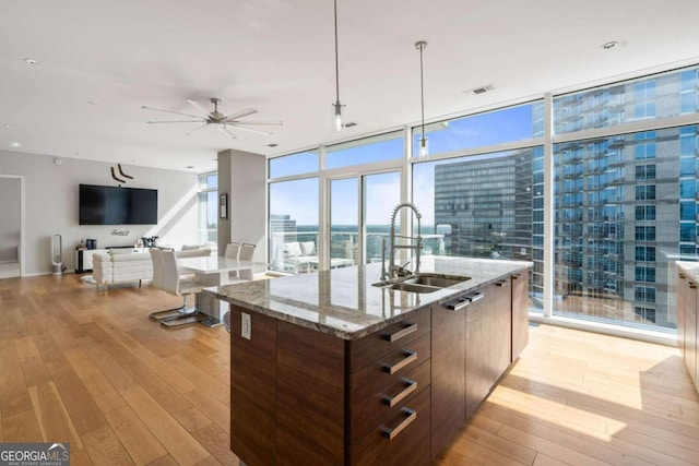 kitchen with a sink, expansive windows, light wood-type flooring, and modern cabinets