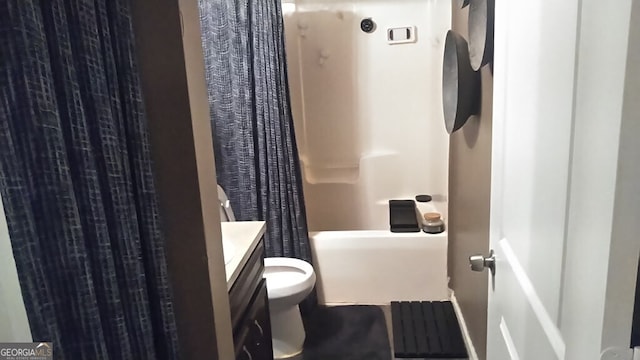 full bathroom with toilet, vanity, and shower / bathtub combination with curtain