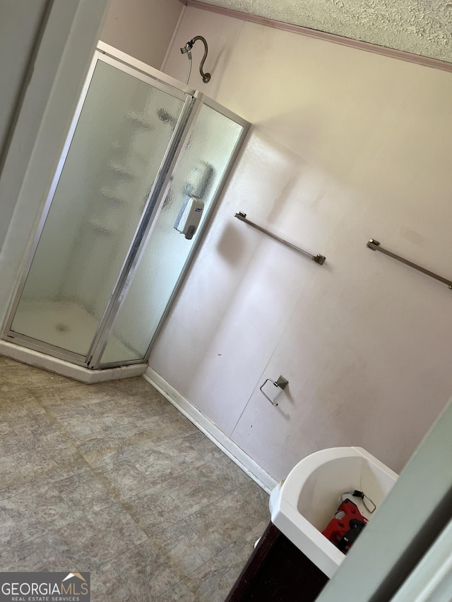 bathroom featuring walk in shower and tile patterned floors