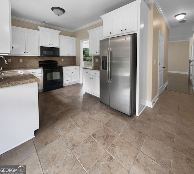 kitchen with crown molding, black appliances, a sink, and white cabinets