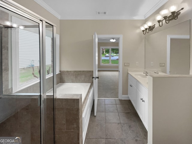 bathroom with visible vents, ornamental molding, tile patterned floors, vanity, and a bath