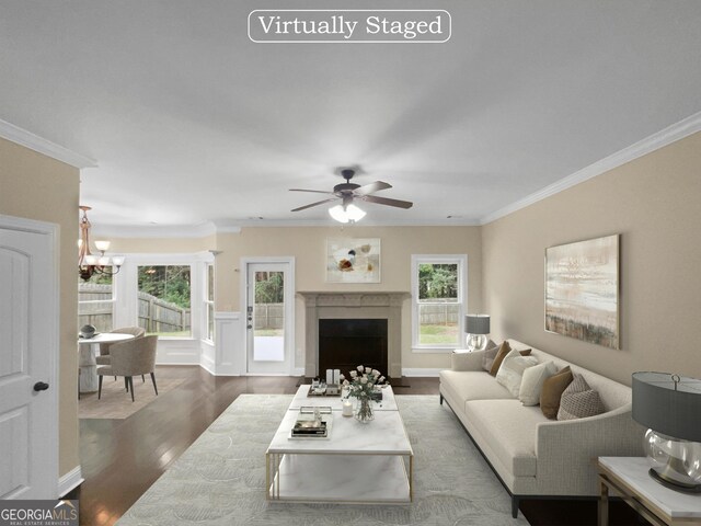 living room featuring ceiling fan with notable chandelier, crown molding, and dark wood-type flooring