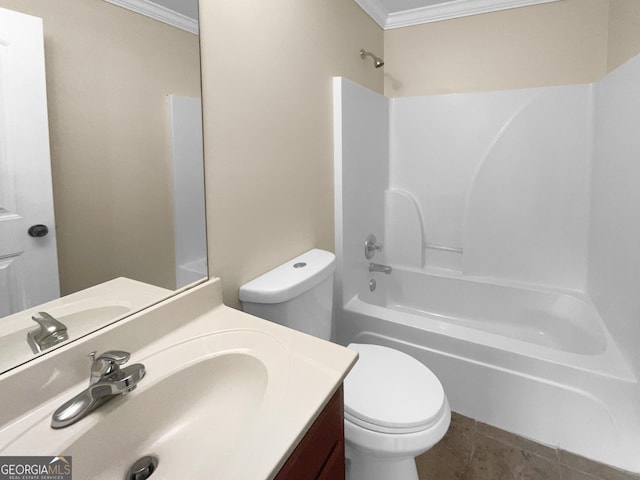 bathroom with shower / bathing tub combination, vanity, toilet, and crown molding