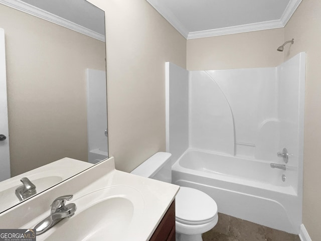 bathroom with shower / bathtub combination, vanity, toilet, and crown molding