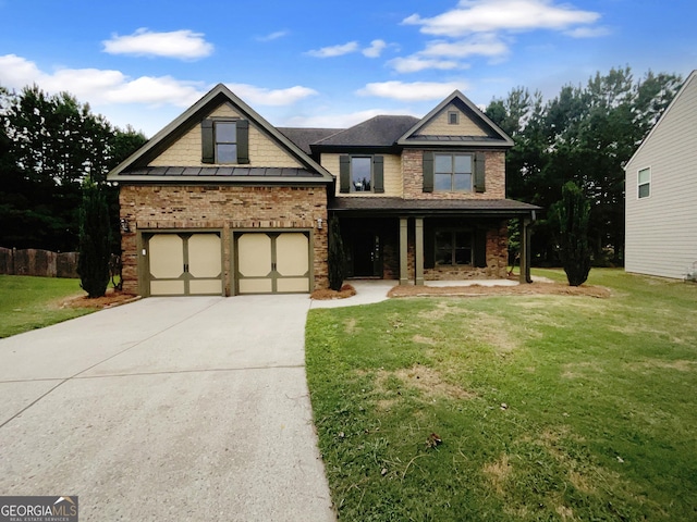 view of front of property with concrete driveway, brick siding, and a front yard