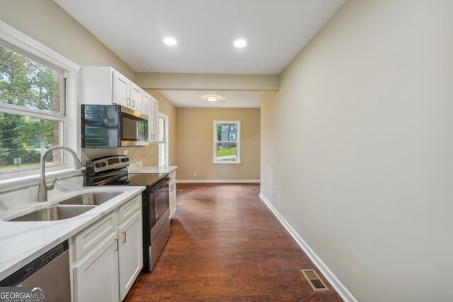 kitchen with sink, dark wood-type flooring, a wealth of natural light, and stainless steel appliances