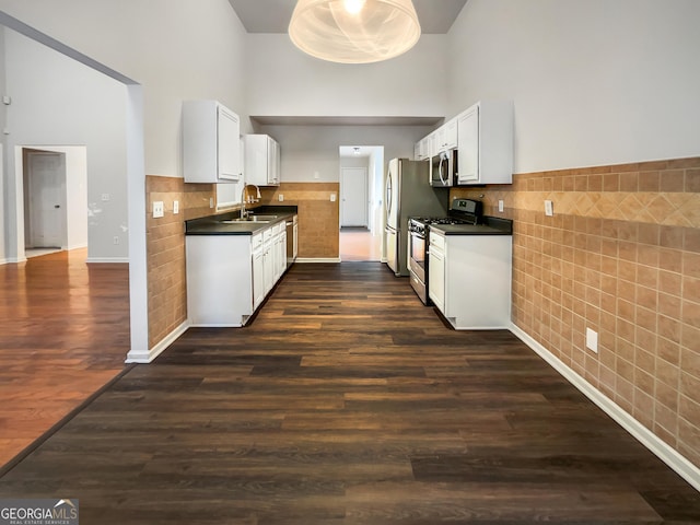 kitchen with appliances with stainless steel finishes, dark wood-type flooring, dark countertops, and a sink