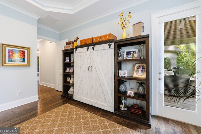 bar featuring a raised ceiling, dark hardwood / wood-style floors, and crown molding