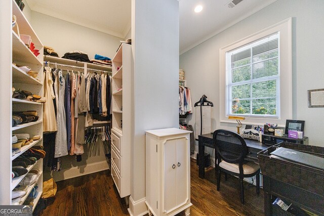 walk in closet with dark hardwood / wood-style flooring