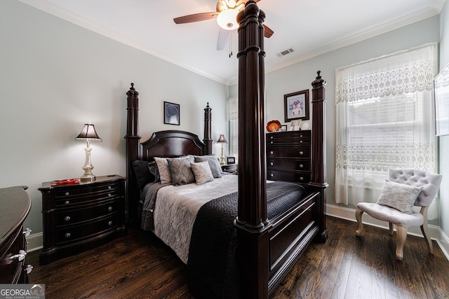 bedroom featuring ceiling fan, dark hardwood / wood-style floors, and ornamental molding