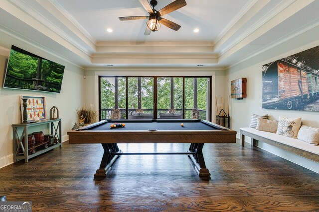 rec room featuring ceiling fan, dark hardwood / wood-style flooring, pool table, and a tray ceiling