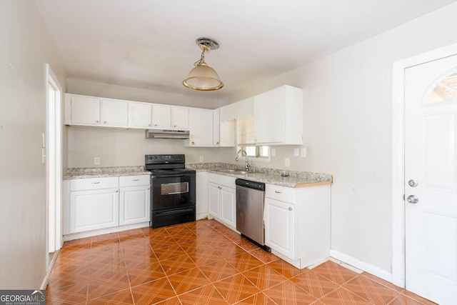 kitchen featuring hanging light fixtures, black electric range, stainless steel dishwasher, white cabinetry, and a sink