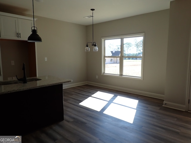 unfurnished dining area featuring sink and dark hardwood / wood-style flooring