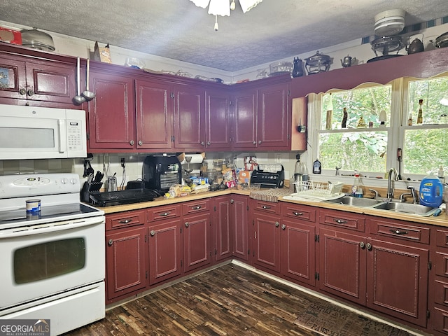 kitchen featuring sink, dark hardwood / wood-style flooring, white appliances, a textured ceiling, and ceiling fan