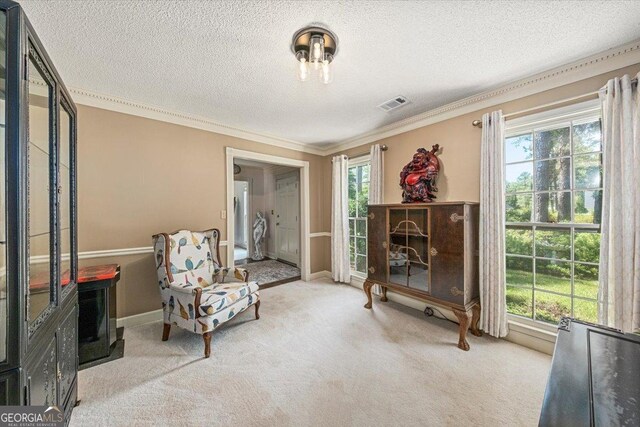 living area featuring a textured ceiling, visible vents, ornamental molding, and carpet floors