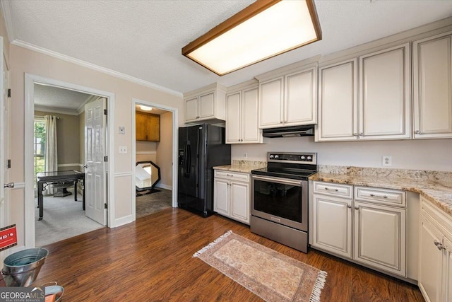 kitchen with stainless steel range with electric stovetop, under cabinet range hood, black refrigerator with ice dispenser, crown molding, and dark wood finished floors