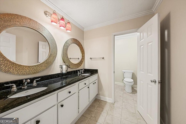 full bathroom featuring toilet, ornamental molding, marble finish floor, and a sink