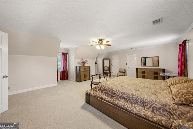 carpeted bedroom with ceiling fan, crown molding, visible vents, baseboards, and a textured ceiling