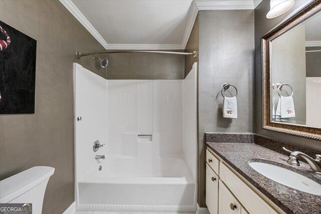 full bath featuring crown molding, shower / tub combination, toilet, and vanity