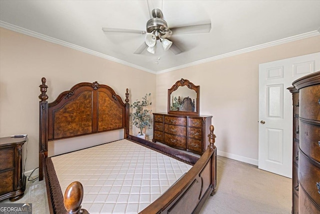 bedroom featuring a ceiling fan, crown molding, light carpet, and baseboards