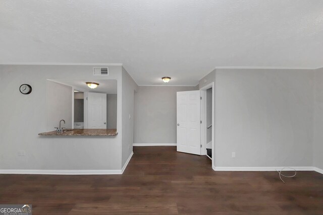 empty room with sink, a textured ceiling, and dark hardwood / wood-style flooring