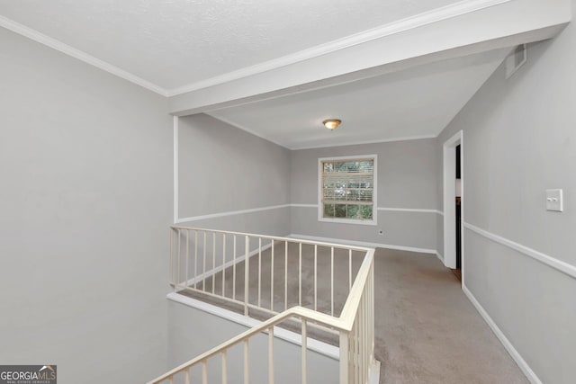 corridor featuring a textured ceiling, carpet floors, and crown molding