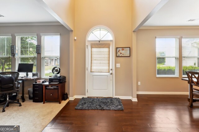 foyer featuring dark wood-type flooring, plenty of natural light, and crown molding