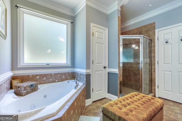 bathroom with plus walk in shower, tile patterned flooring, ornamental molding, and a healthy amount of sunlight