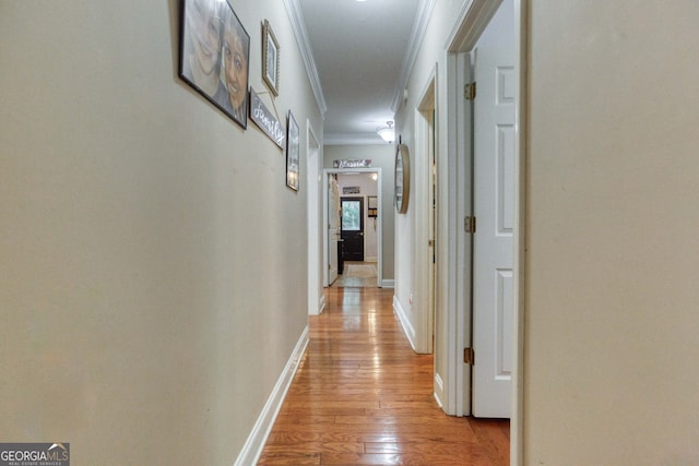 hallway with light wood-type flooring and crown molding