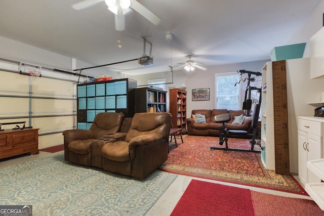 interior space featuring ceiling fan