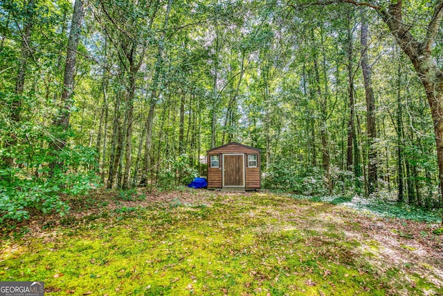 view of yard featuring a storage shed