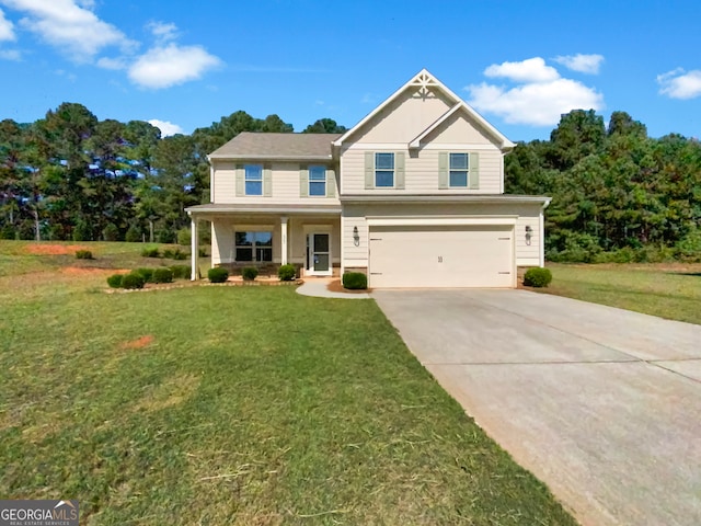 craftsman house with a porch, a garage, and a front yard