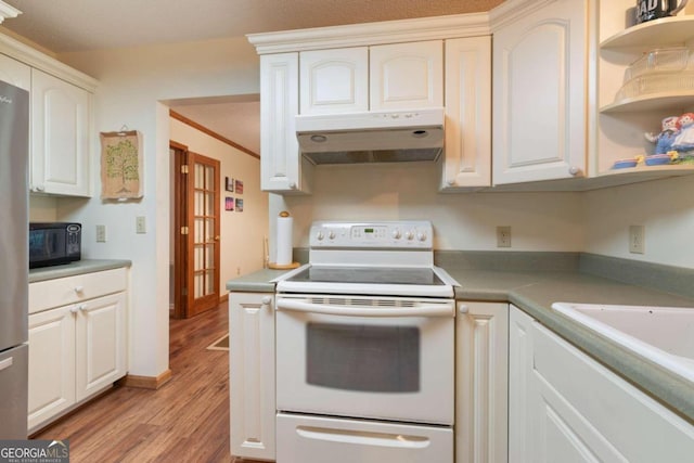 kitchen featuring ornamental molding, white range with electric stovetop, white cabinetry, and light wood-type flooring