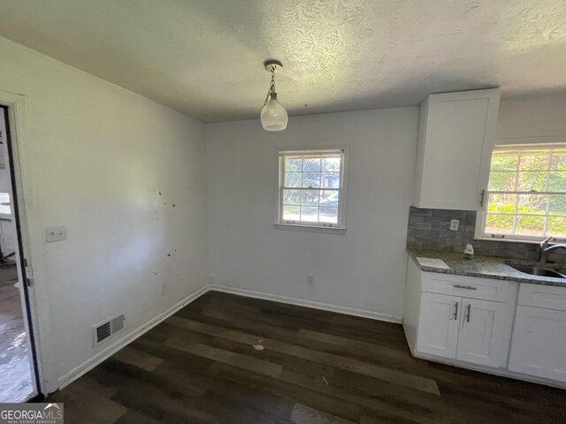 unfurnished dining area featuring sink, dark hardwood / wood-style flooring, and a healthy amount of sunlight