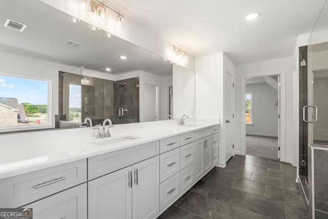 full bath featuring a stall shower, plenty of natural light, visible vents, and a sink