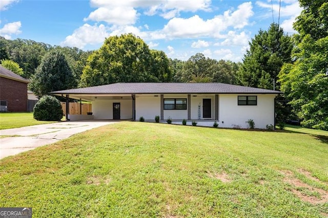 ranch-style house with a carport and a front lawn