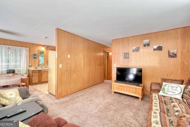 carpeted living room with wooden walls