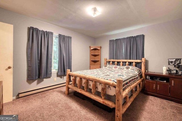 bedroom featuring baseboard heating and carpet